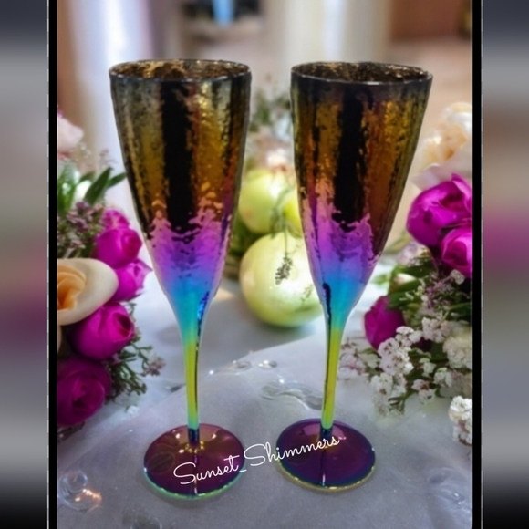 x2 RAINBOW Metallic Hand Hammered Look Reflective Flute Glasses NEW - Picture 1 of 10